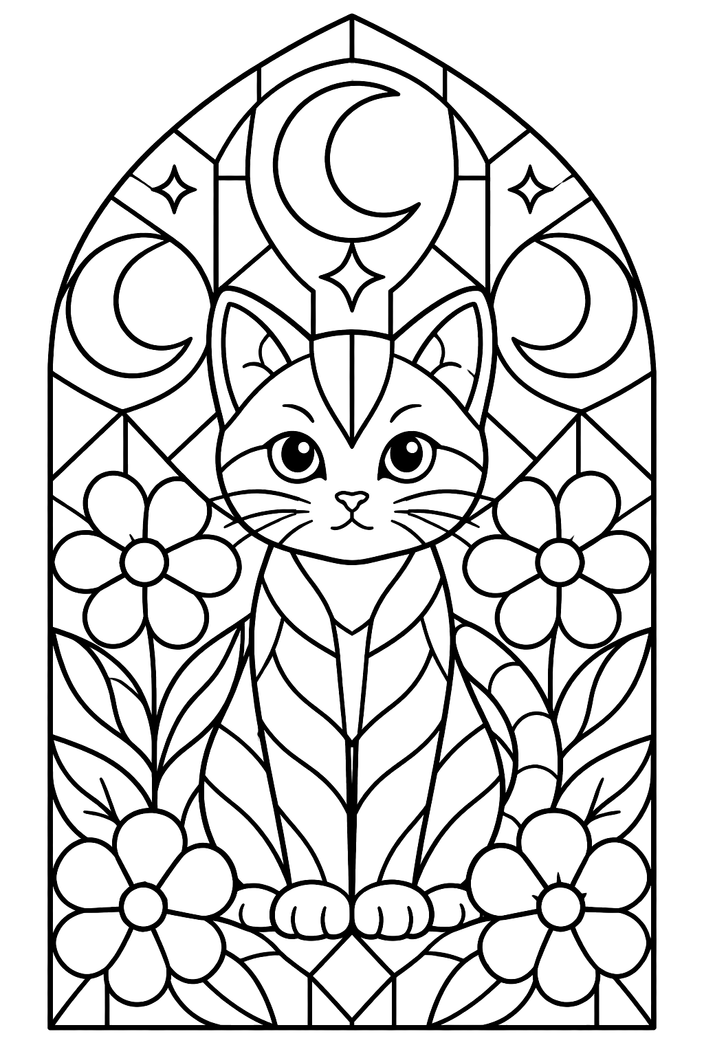 Kitten in a stained glass window design with flowers, moons and geometric panes coloring page