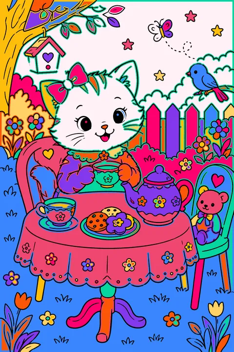 Kitten having a tea party with a teapot, cups and cookies on a small table coloring page