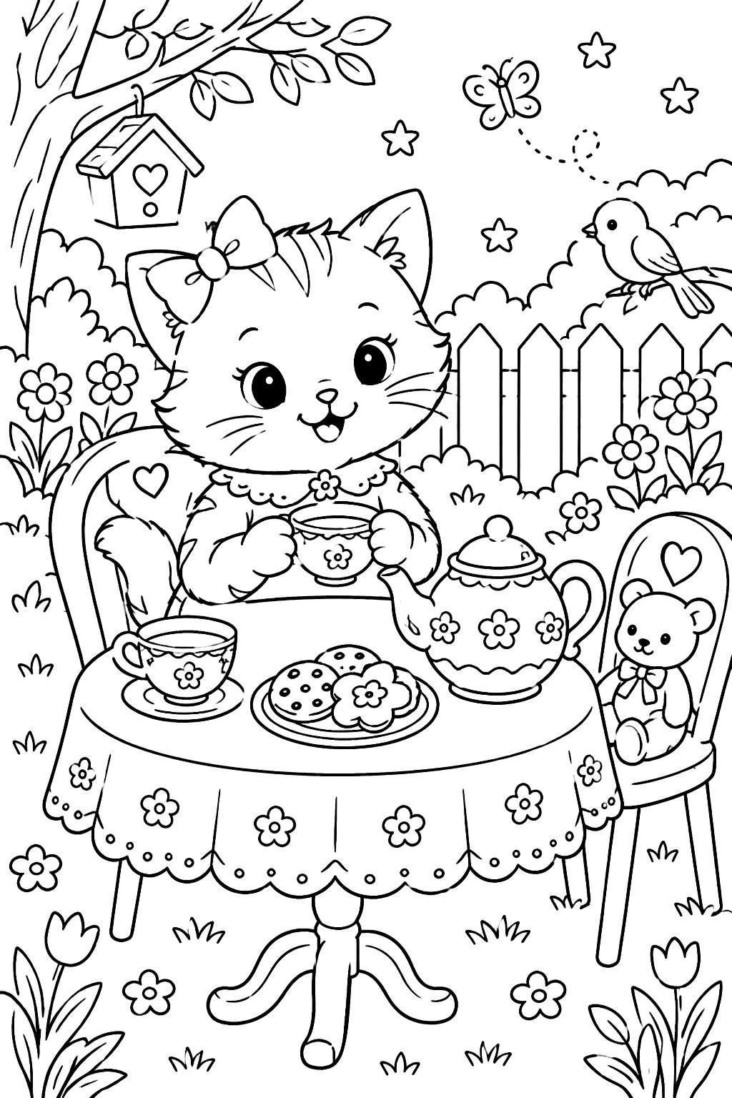 Kitten having a tea party with a teapot, cups and cookies on a small table coloring page