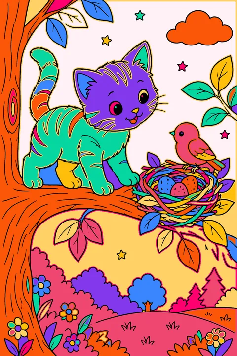 Kitten balancing on a tree branch with a bird nest and leaves nearby coloring page