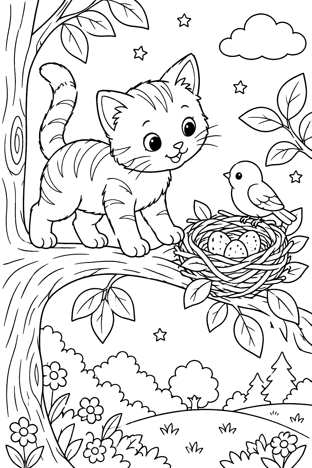 Kitten balancing on a tree branch with a bird nest and leaves nearby coloring page