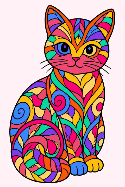 Kitten sitting with its tail curled, filled with intricate zentangle patterns coloring page