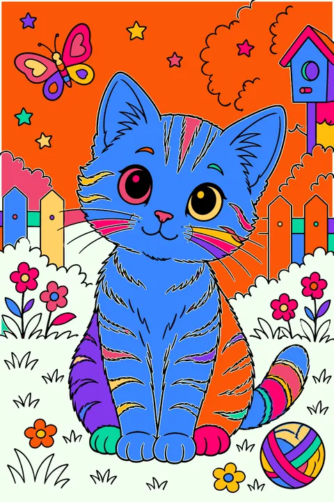 Tabby kitten portrait with striped fur, long whiskers and big round eyes coloring page