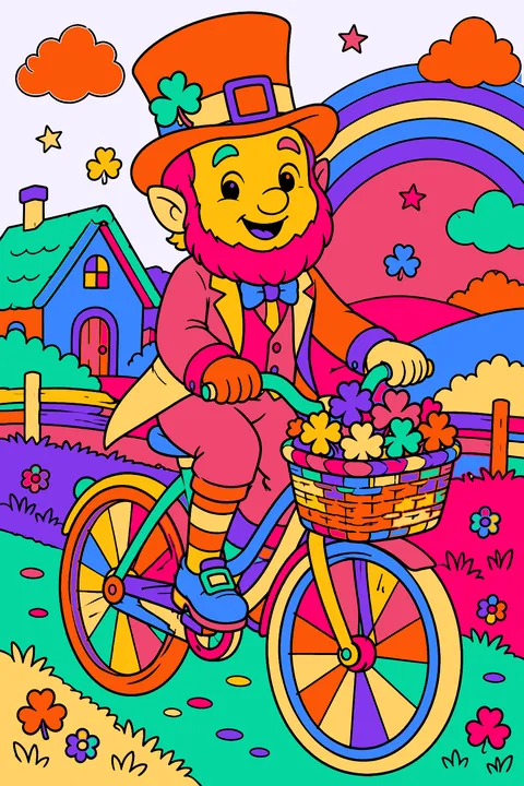 Leprechaun riding a bicycle with a basket full of shamrocks coloring page