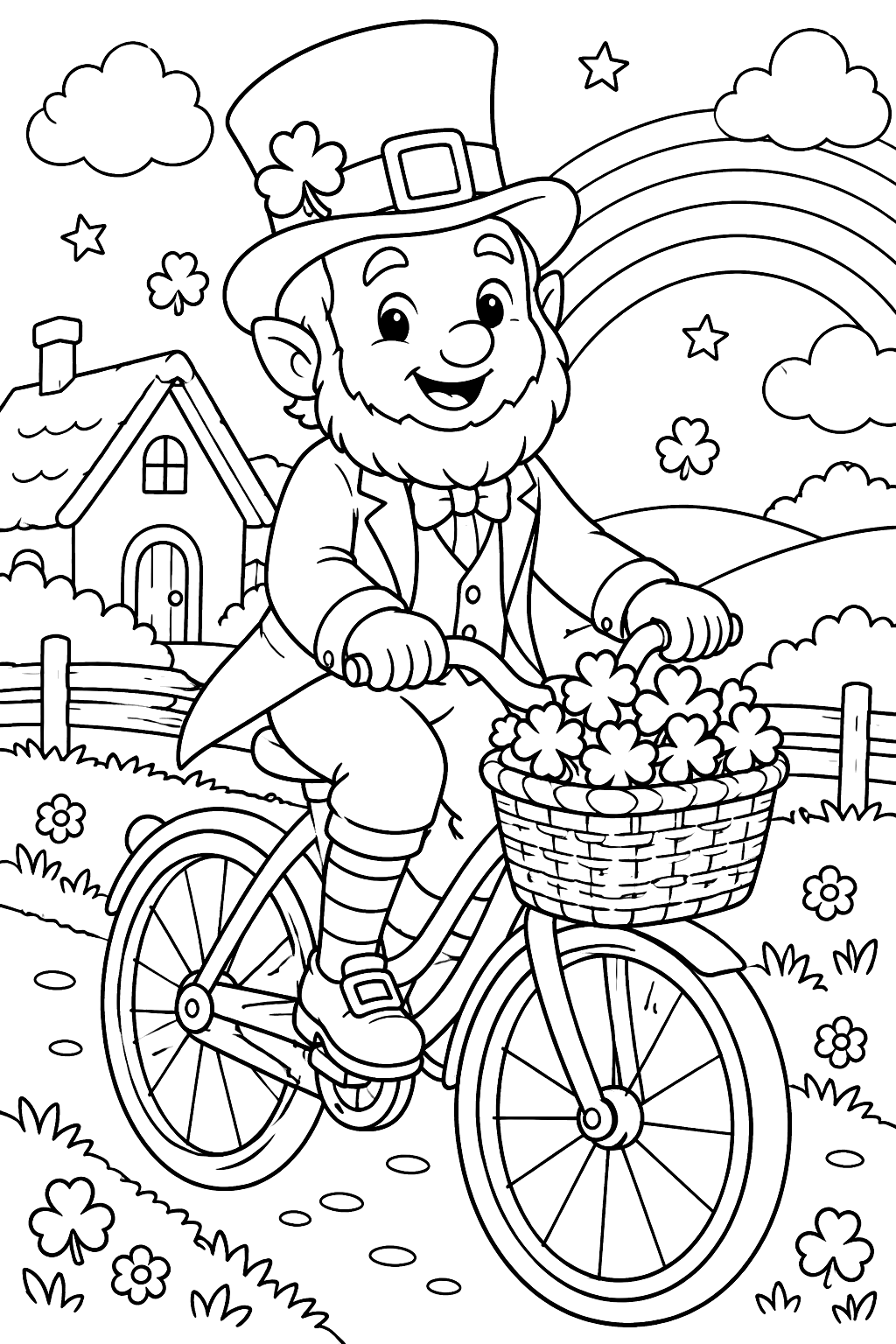 Leprechaun riding a bicycle with a basket full of shamrocks coloring page