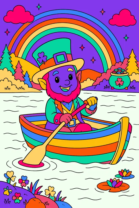 Leprechaun rowing a little boat across a lake with a rainbow coloring page