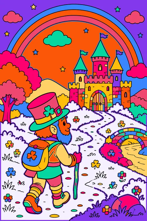 Leprechaun walking toward a stone castle under a double rainbow coloring page