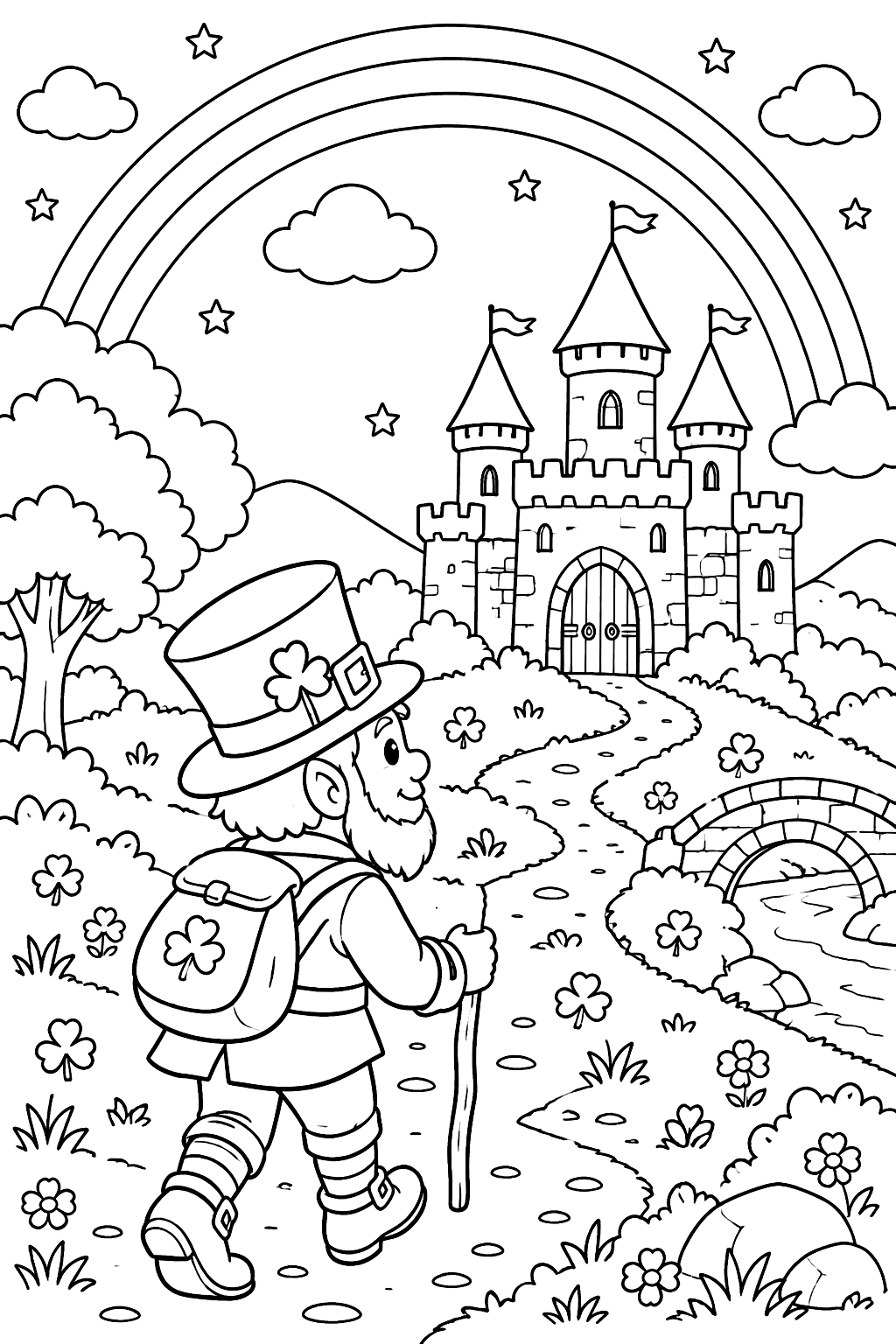 Leprechaun walking toward a stone castle under a double rainbow coloring page
