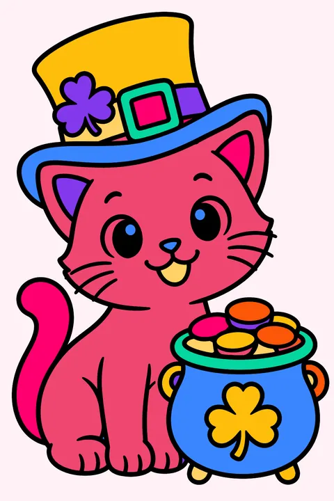 Kitten wearing a leprechaun hat beside a pot of gold coloring page