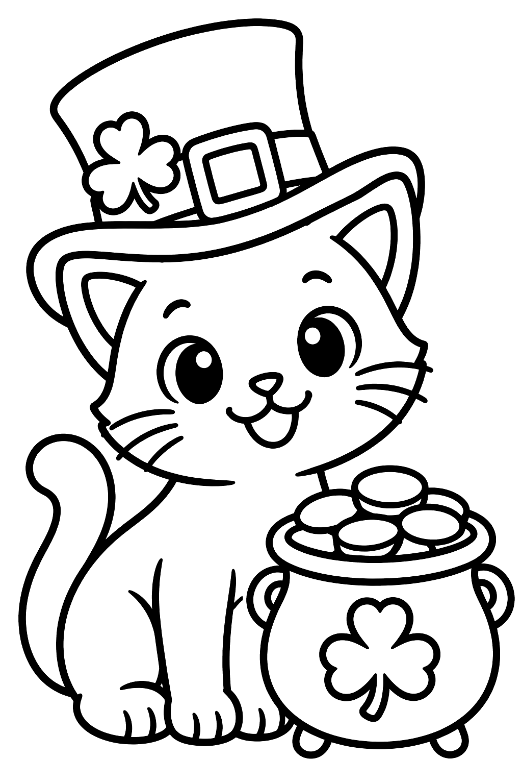 Kitten wearing a leprechaun hat beside a pot of gold coloring page