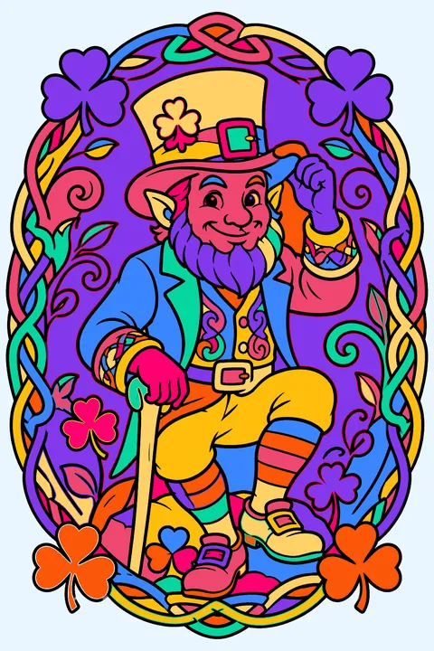 Leprechaun inside a celtic knot border with shamrocks and swirling vines coloring page