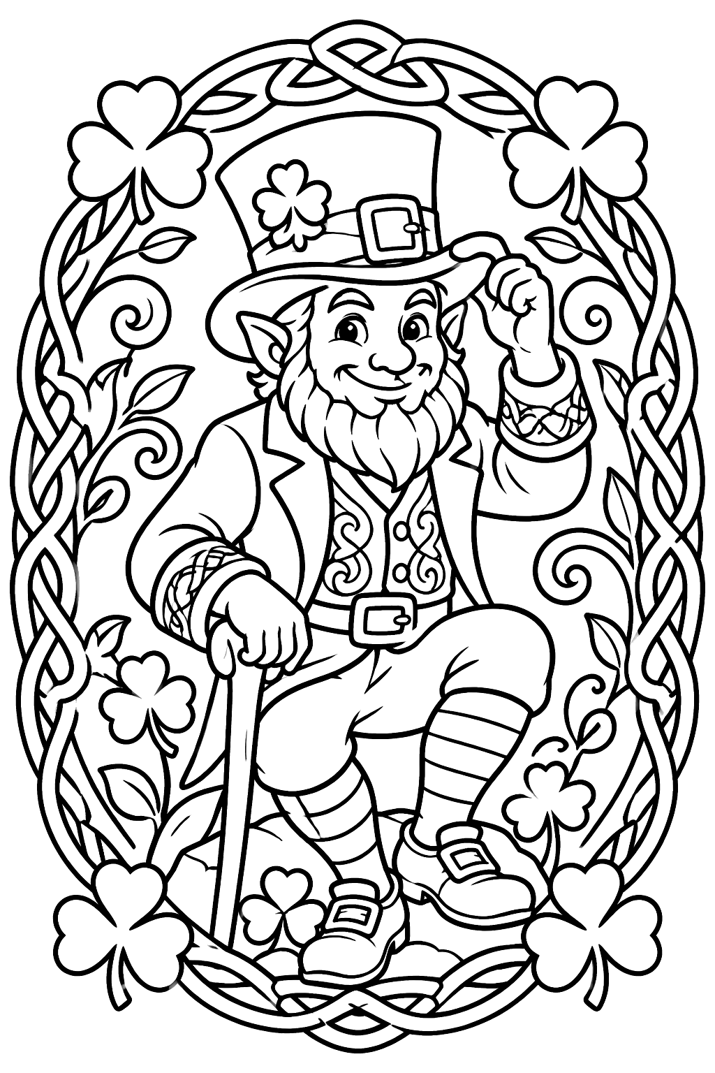 Leprechaun inside a celtic knot border with shamrocks and swirling vines coloring page