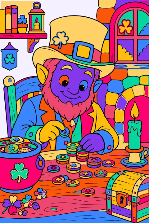 Leprechaun counting gold coins at a table by candlelight coloring page