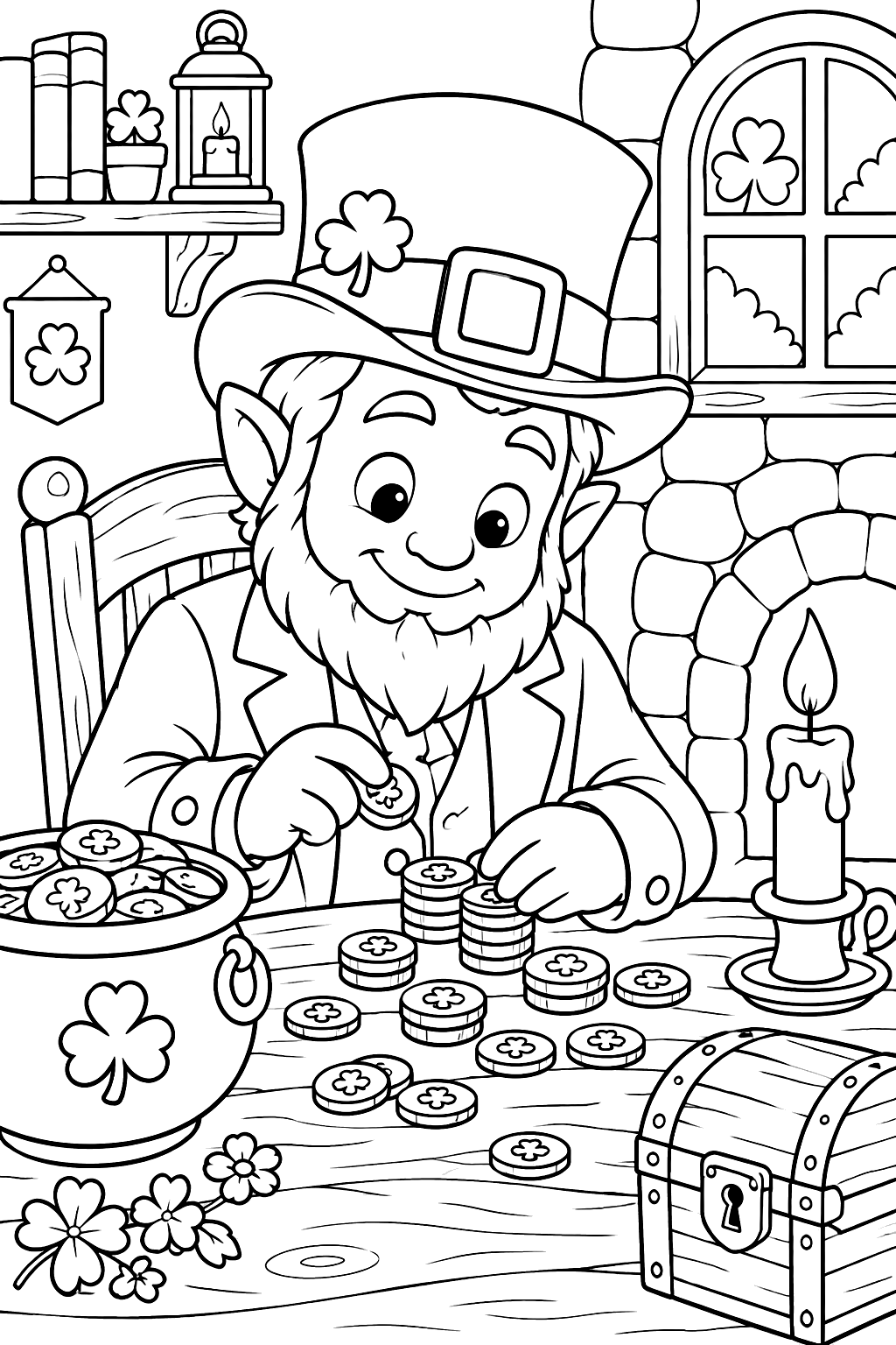 Leprechaun counting gold coins at a table by candlelight coloring page
