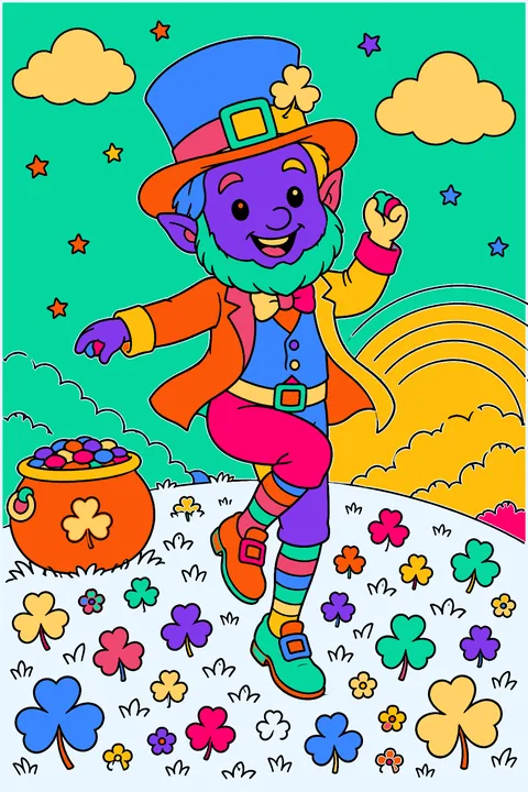 Leprechaun dancing a jig on a hill covered in clovers coloring page