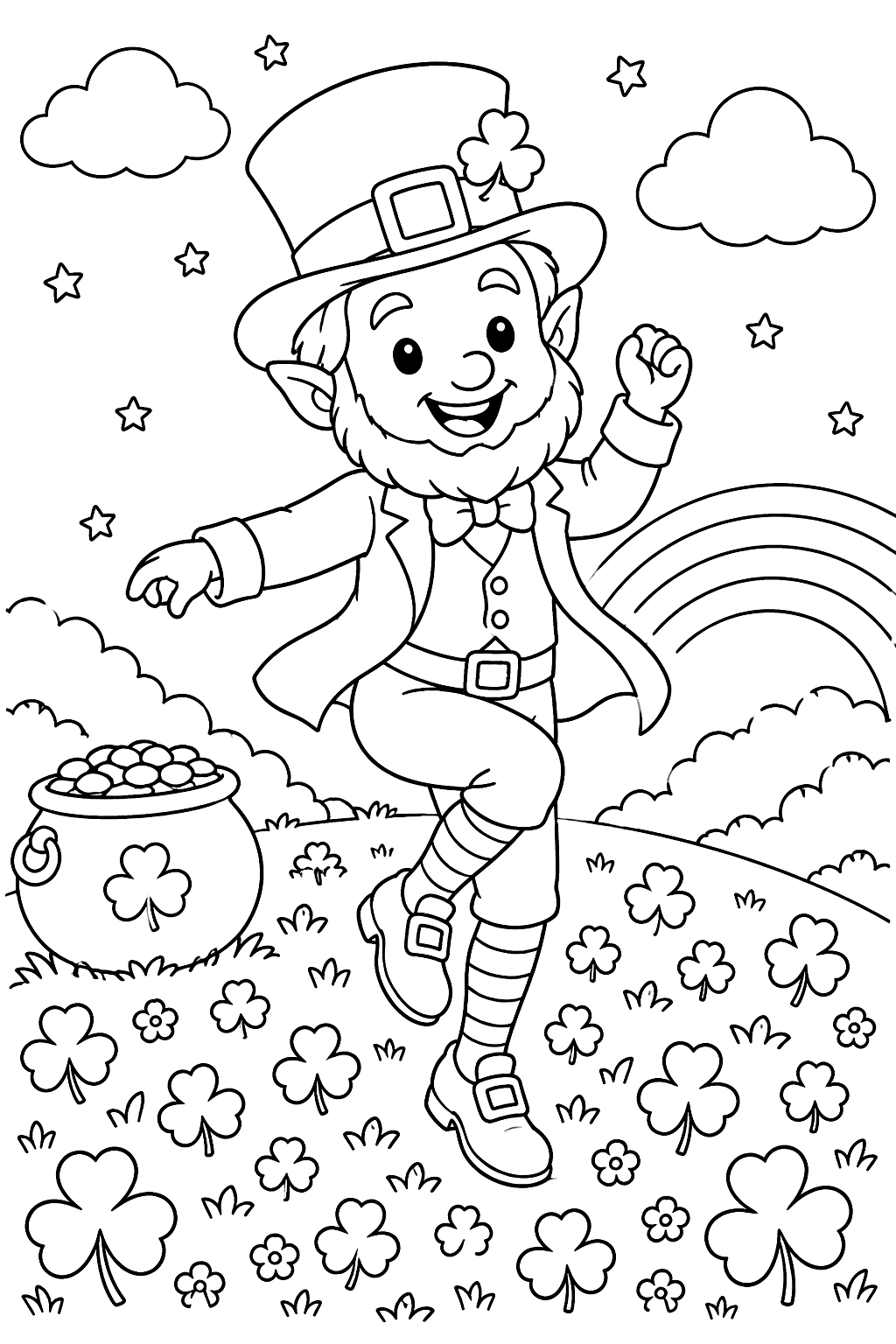 Leprechaun dancing a jig on a hill covered in clovers coloring page