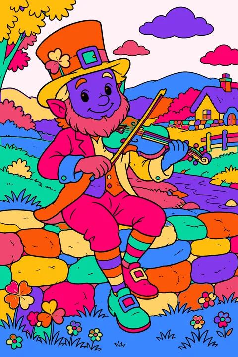 Leprechaun playing a fiddle on a stone wall in the countryside coloring page