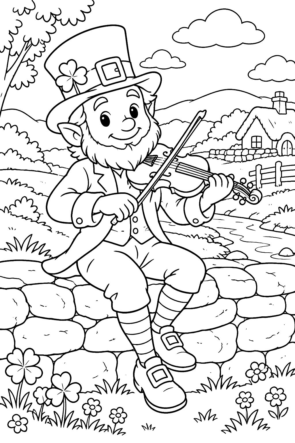 Leprechaun playing a fiddle on a stone wall in the countryside coloring page