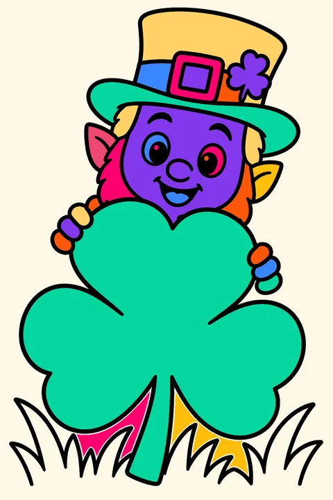 Leprechaun hiding behind a giant shamrock leaf in the grass coloring page