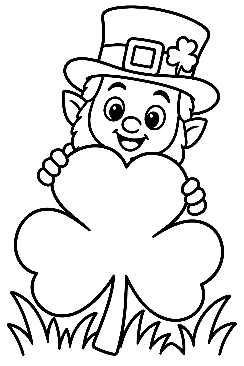 Leprechaun hiding behind a giant shamrock leaf in the grass coloring page