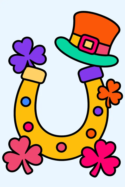 Lucky horseshoe with shamrocks and a little leprechaun hat coloring page