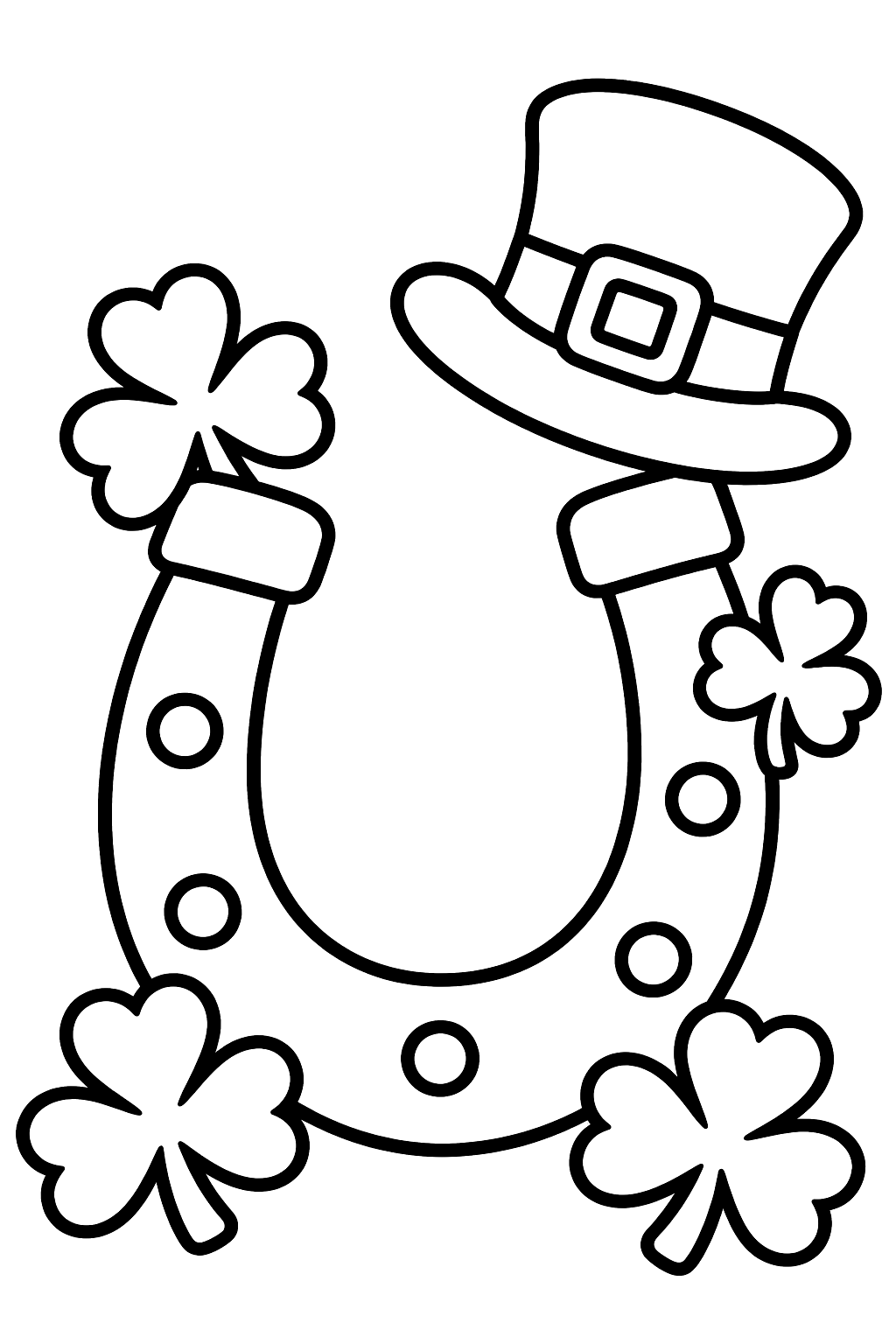 Lucky horseshoe with shamrocks and a little leprechaun hat coloring page