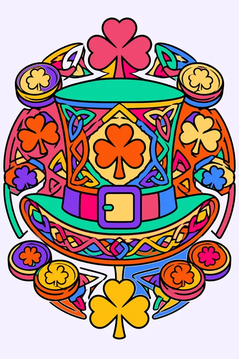 Leprechaun hat mandala with shamrocks, celtic knots and gold coins coloring page