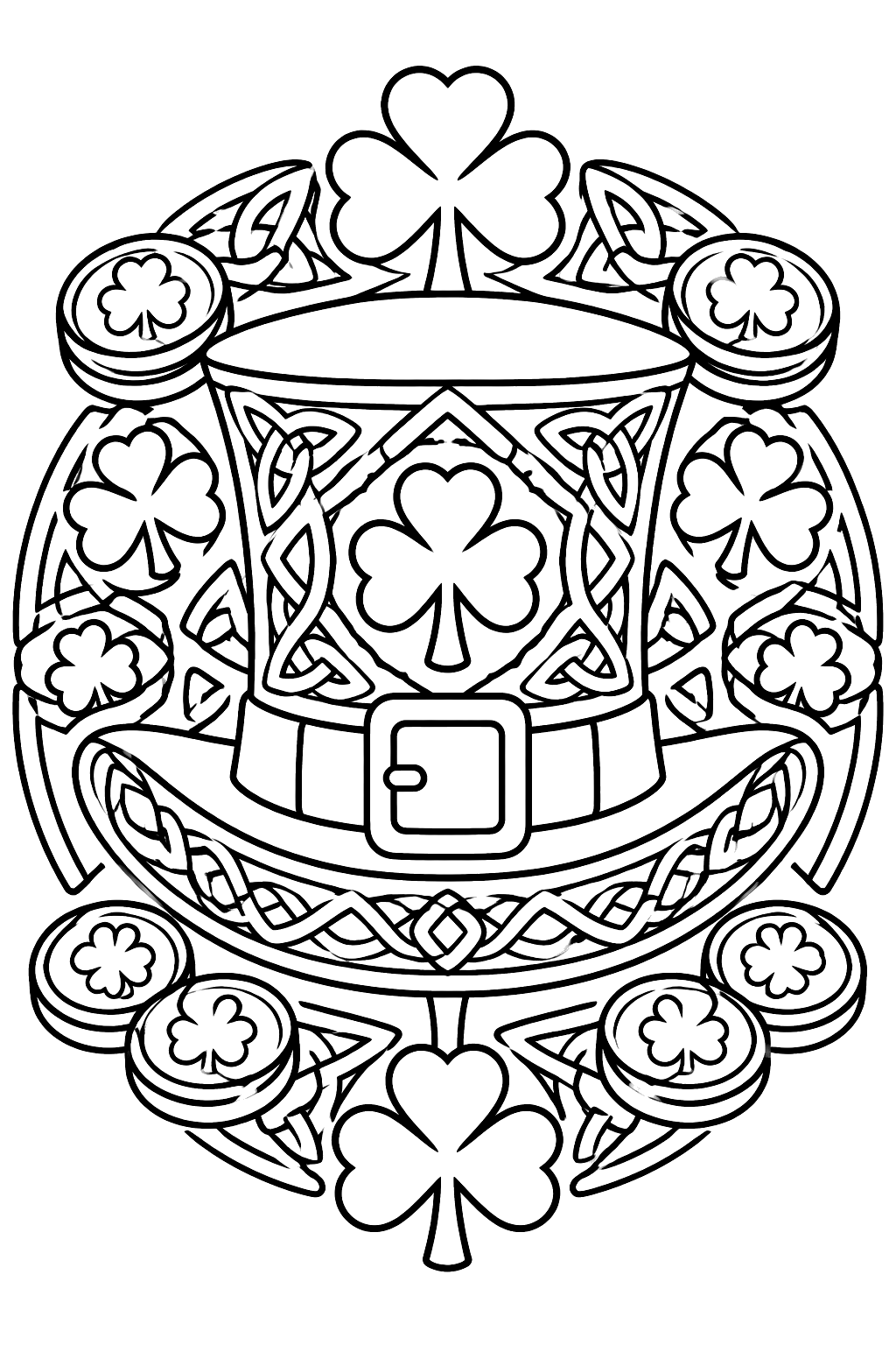 Leprechaun hat mandala with shamrocks, celtic knots and gold coins coloring page