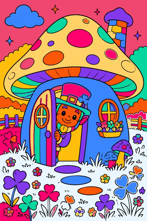 Leprechaun peeking from a mushroom house in a clover meadow coloring page