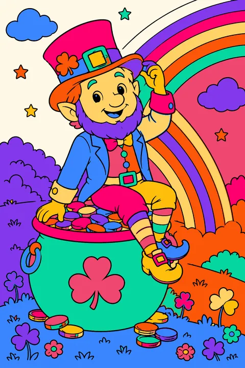 Leprechaun sitting on a pot of gold at the end of a rainbow coloring page