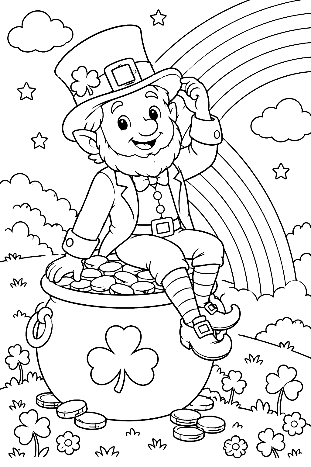 Leprechaun sitting on a pot of gold at the end of a rainbow coloring page