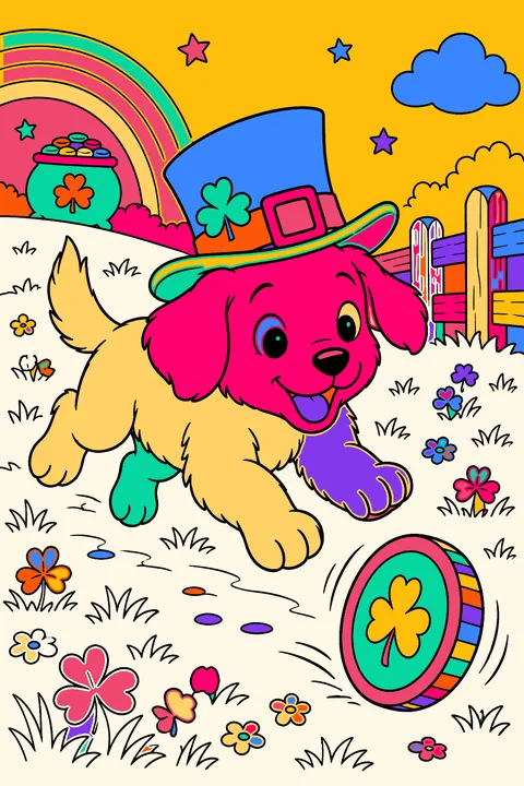 Puppy in a leprechaun hat chasing a rolling gold coin coloring page