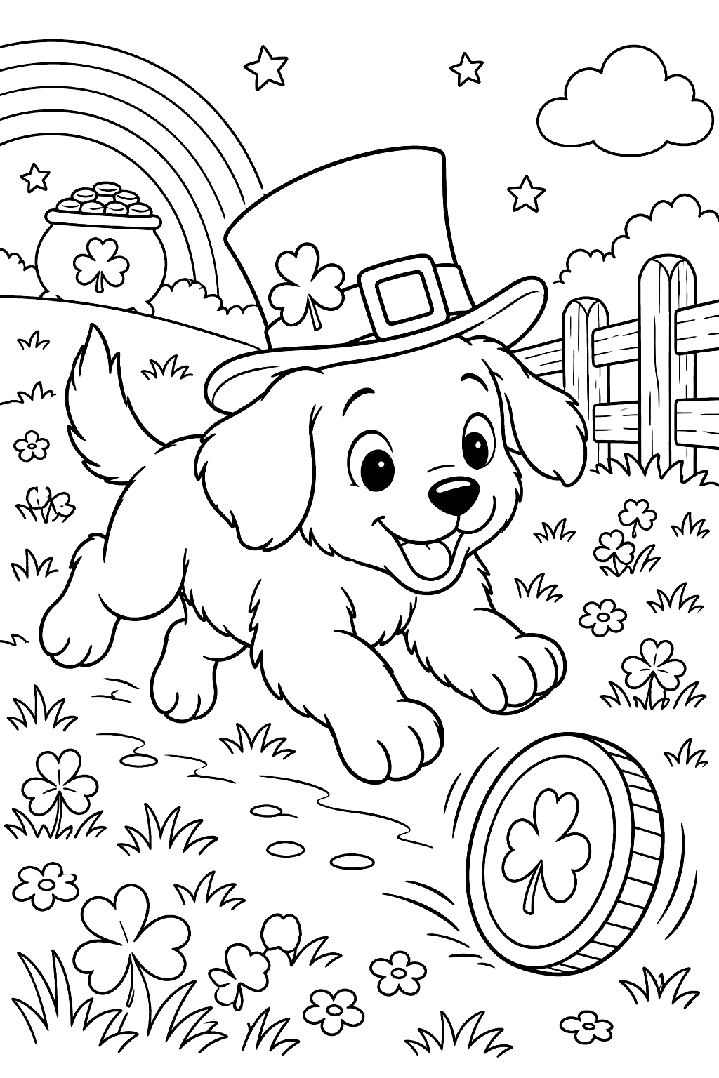 Puppy in a leprechaun hat chasing a rolling gold coin coloring page