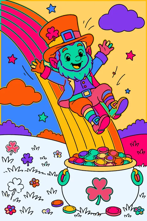 Leprechaun sliding down a rainbow into a pot of coins coloring page