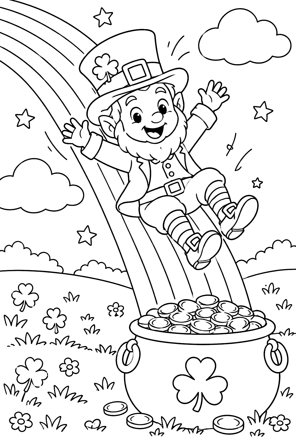 Leprechaun sliding down a rainbow into a pot of coins coloring page