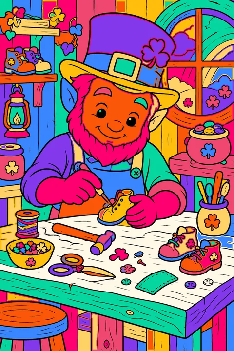 Leprechaun making tiny shoes at a wooden workbench coloring page