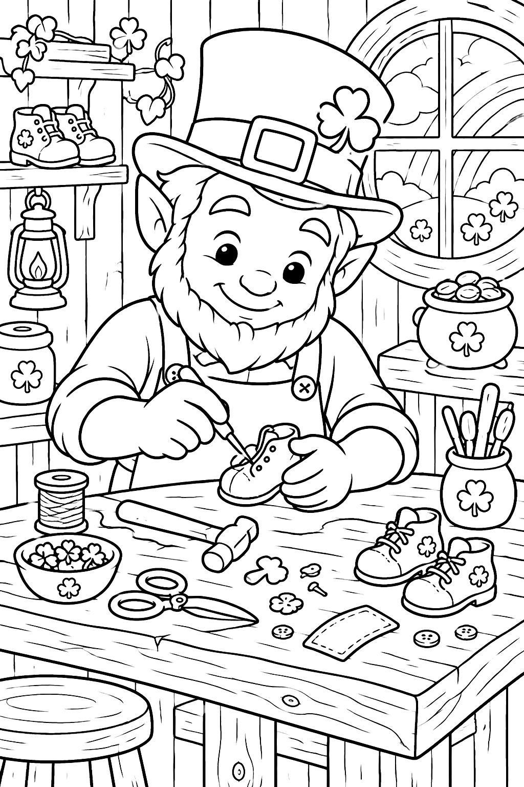 Leprechaun making tiny shoes at a wooden workbench coloring page