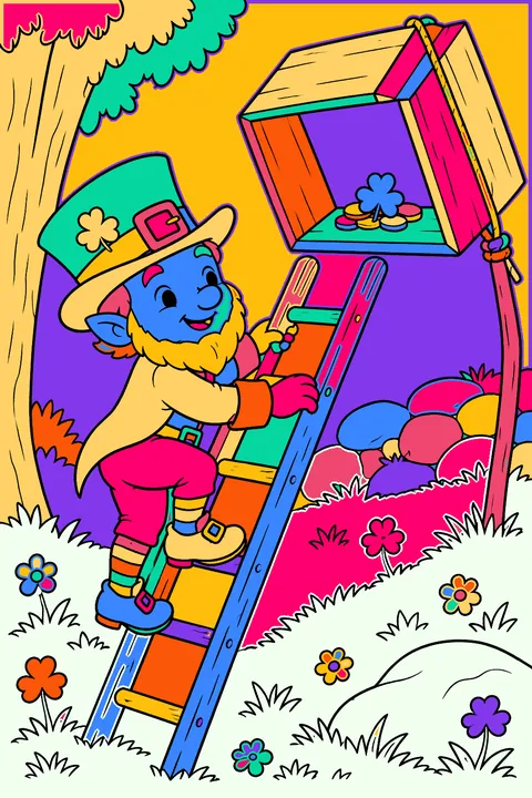 Leprechaun climbing a ladder toward a homemade box trap coloring page