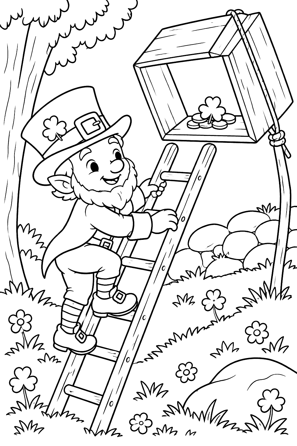 Leprechaun climbing a ladder toward a homemade box trap coloring page