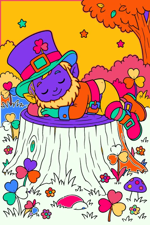 Leprechaun napping on a tree stump surrounded by clovers coloring page