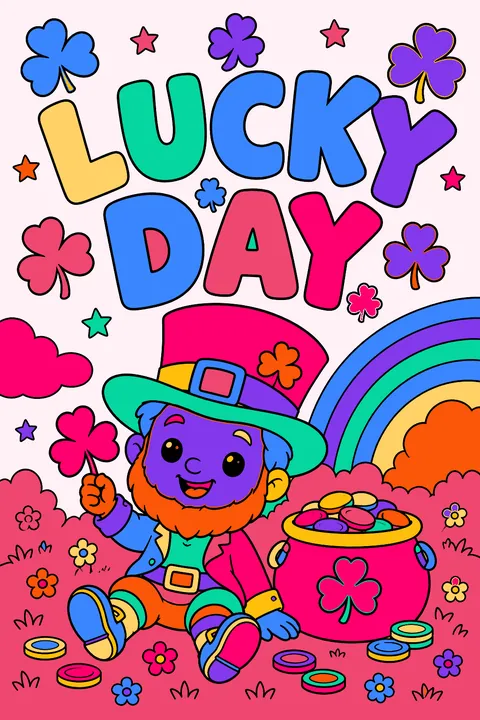 Big outline letters spelling lucky day with shamrocks and coins coloring page