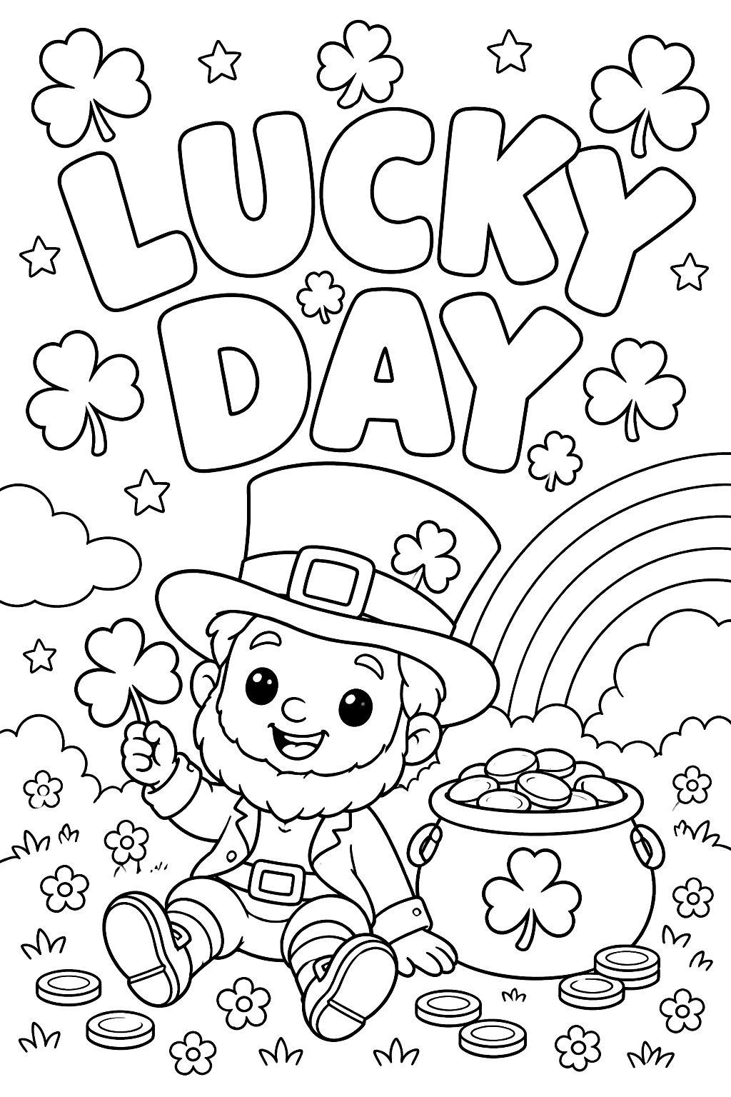 Big outline letters spelling lucky day with shamrocks and coins coloring page