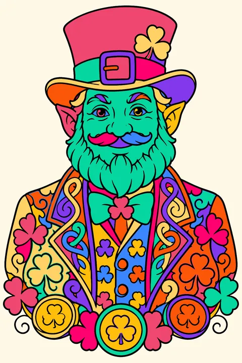 Ornate leprechaun portrait with patterned coat, shamrock lace and coin border coloring page