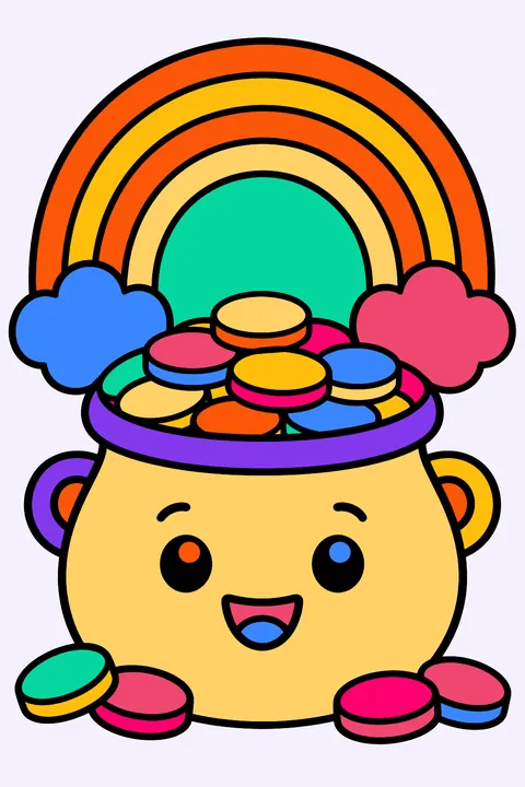 Pot of gold coins with a rainbow above it coloring page