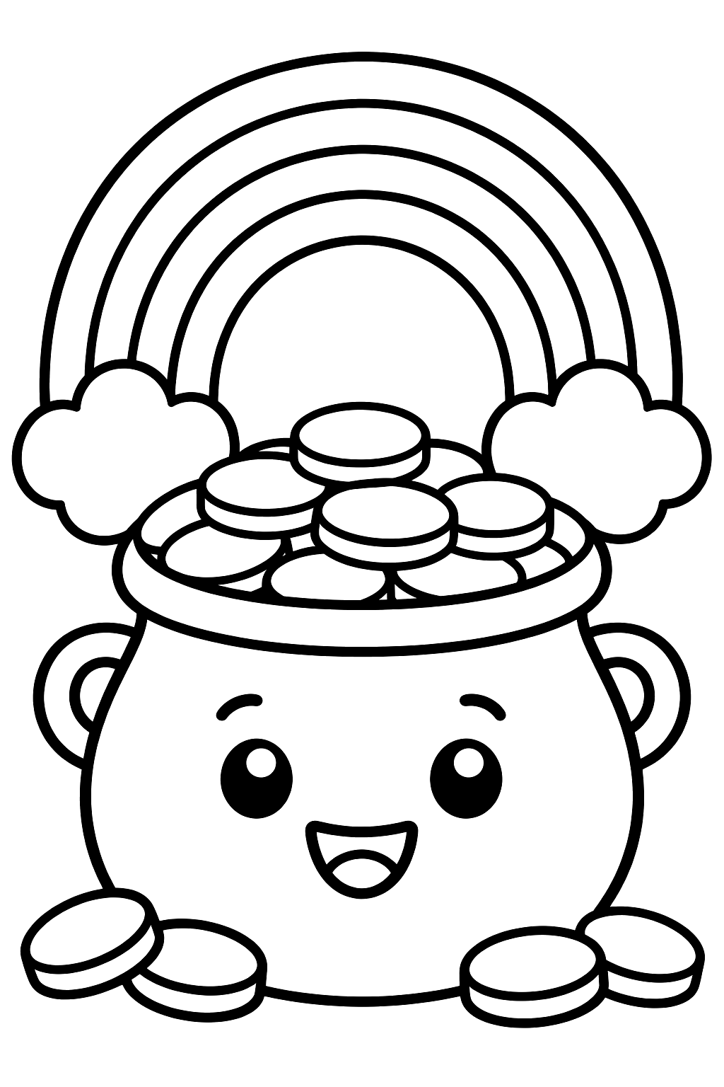 Pot of gold coins with a rainbow above it coloring page