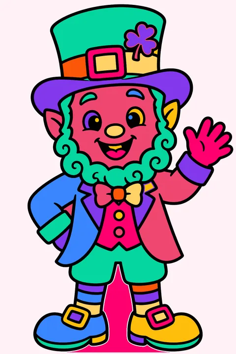 Smiling leprechaun with a curly beard waving hello coloring page