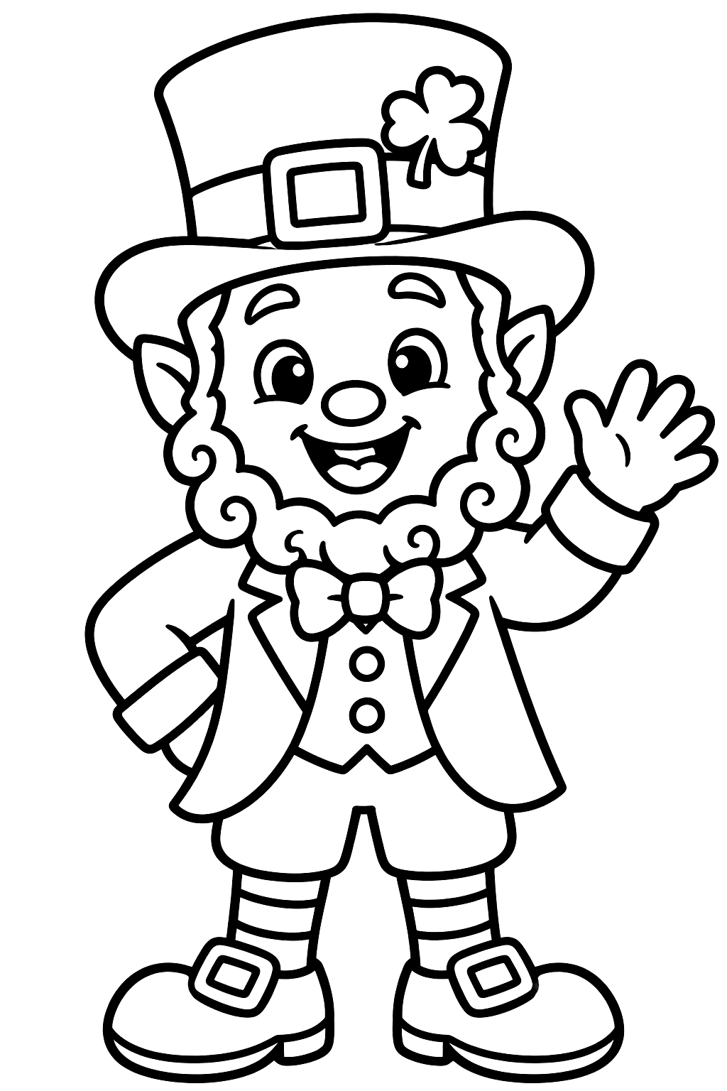 Smiling leprechaun with a curly beard waving hello coloring page