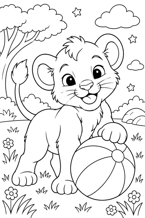 Lion cub with a ball coloring page