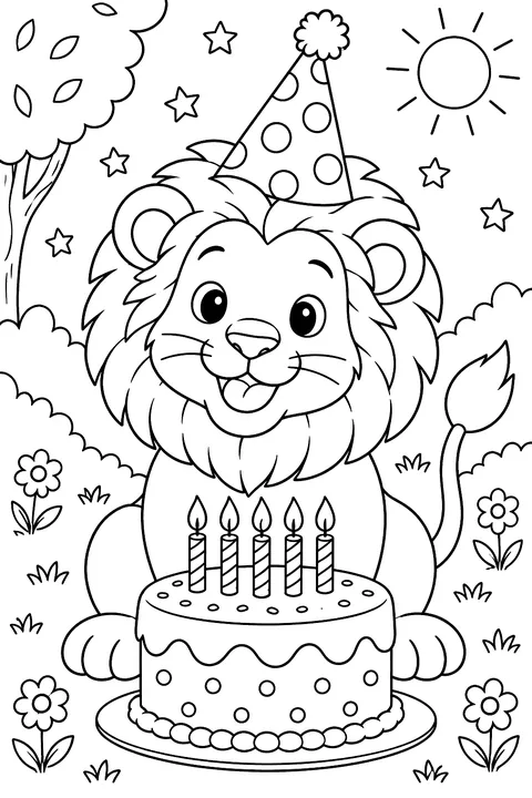 Lion with a birthday cake coloring page