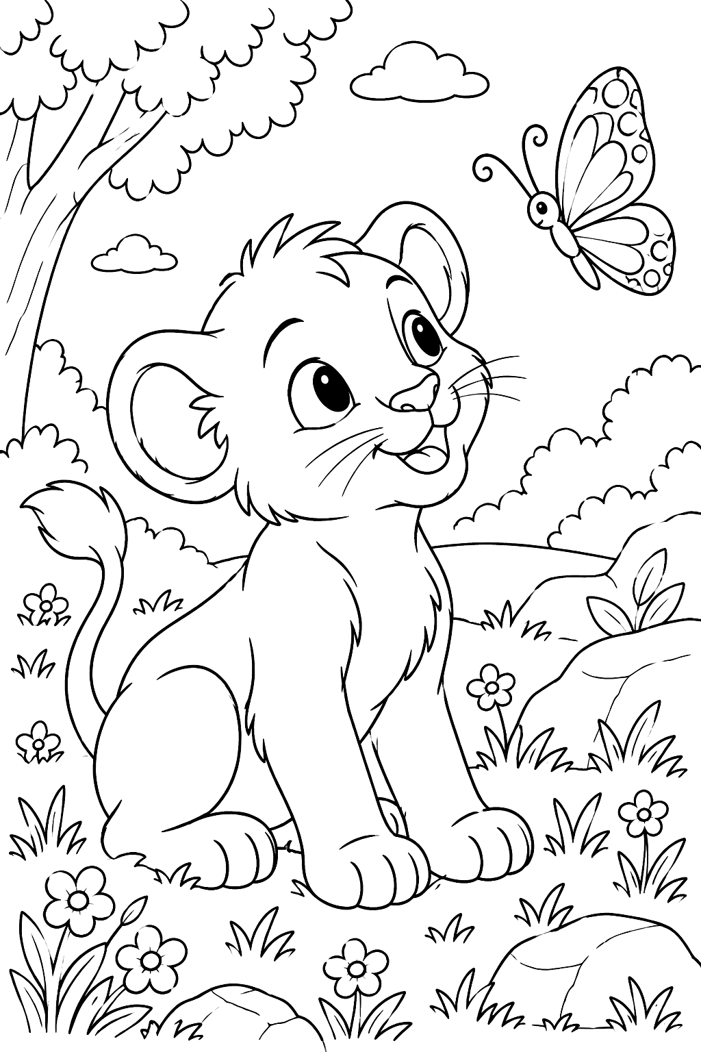 Lion cub watching a butterfly coloring page